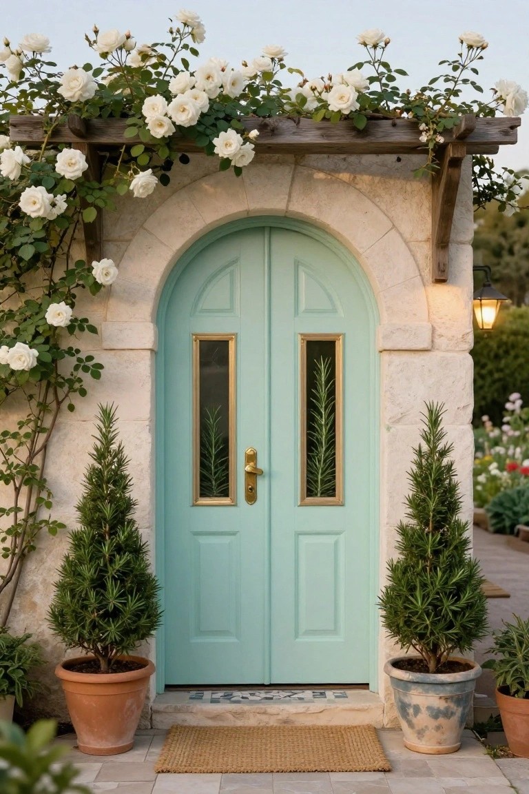 Turquoise double door in a beige stone archway flanked by potted cypress trees and climbing white roses on a wooden trellis with lanterns and a woven doormat at the entrance.