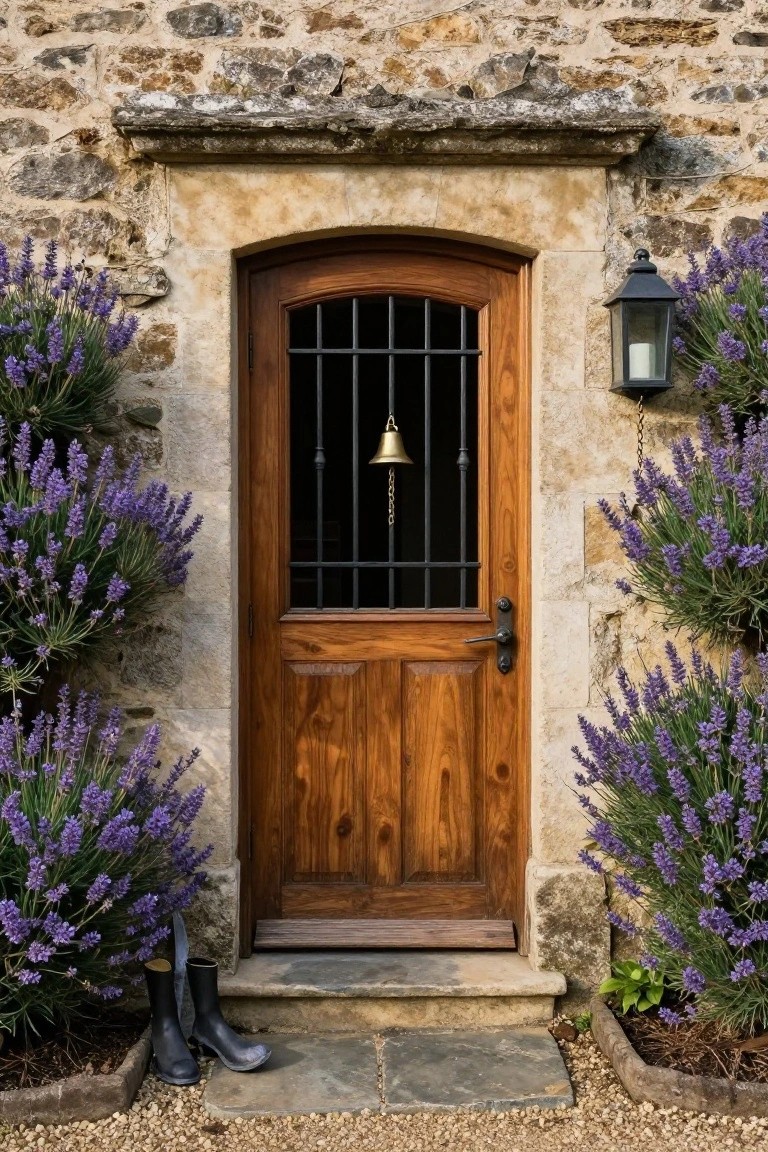 Arched wooden door with black iron grille and hanging bell in a beige stone archway, flanked by purple lavender bushes, with a black lantern and black rubber boots on the stone step.