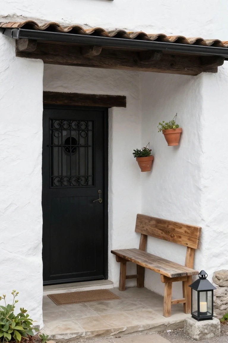 White stucco wall of a cottage with a black paneled door featuring a wrought-iron grille and knocker, wooden bench, hanging terracotta pots with plants, doormat, and stone lantern on tiled entry steps.