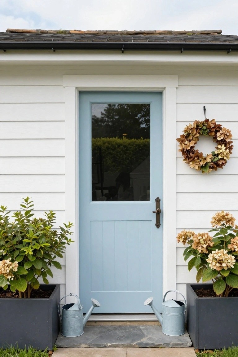 White shiplap garden shed exterior with light blue paneled glass door, flanked by large black pots of green shrubs and hydrangeas, two metal watering cans on stone path, autumn leaf wreath on door.