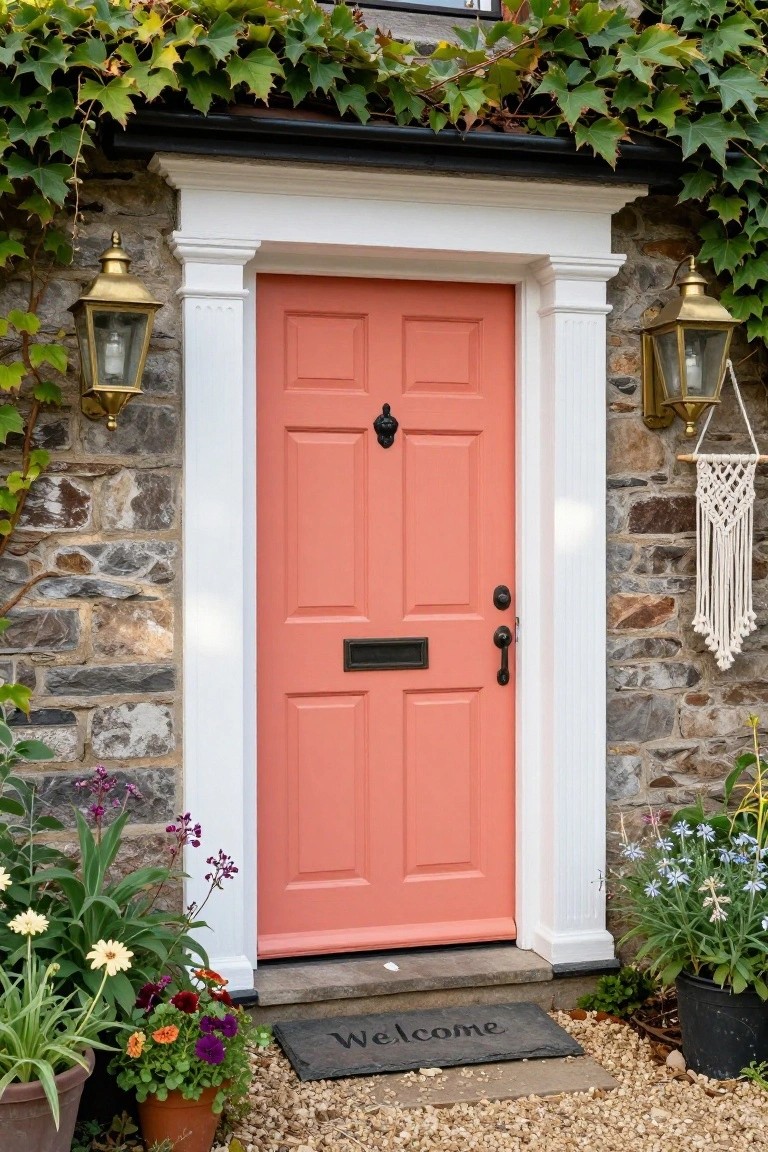 Coral-colored six-panel front door on a stone cottage with white trim and columns, brass lanterns flanking it, ivy on walls, potted plants, macrame hanger, and black welcome mat on gravel path.