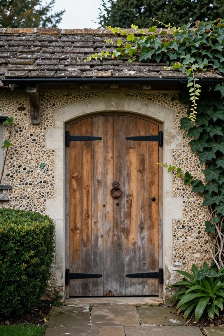 Close-up of a weathered vertical-plank wooden door in an arched stone opening on a flint pebble wall, with black iron hinges, a knocker, ivy climbing nearby, and boxwood shrubs to the side.