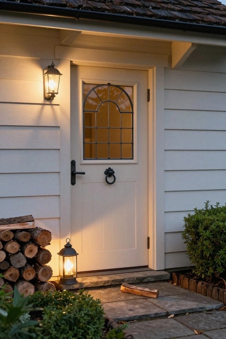 White wooden exterior door with arched leaded glass window and black handle and knocker on a shingled white wall, lit by lanterns beside a firewood stack and shrubs.