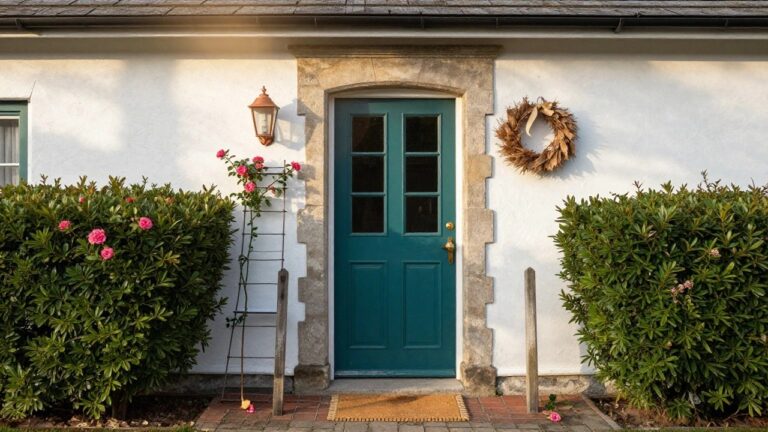White clapboard cottage exterior featuring a dark teal nine-paneled front door with brass knocker and wheat wreath, stone archway surround, pink climbing roses on trellis, copper lantern light, boxwood shrubs, brick step, and woven doormat.