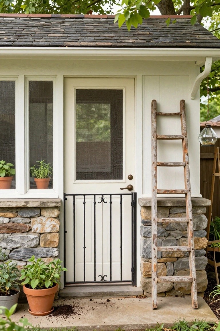 White screen door with metal gate on a small shed structure with stone base and siding, tall weathered wooden ladder leaning against the wall beside the door, potted plants on stone sills, and greenery around the concrete step.