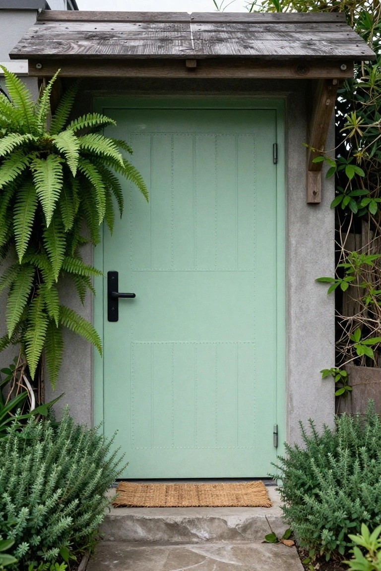 Light green vertically paneled wooden door with black lever handle, framed by large ferns on one side and shrubs on the other, under a wooden awning on a concrete stoop with woven seagrass doormat