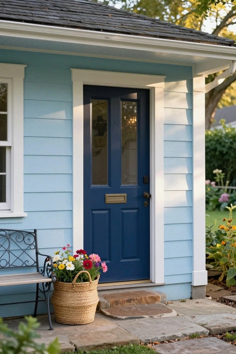 Light blue clapboard cottage exterior with navy blue front door featuring glass panels and brass letterbox, wrought iron bench, wicker basket of mixed flowers on stone steps, garden plants nearby.