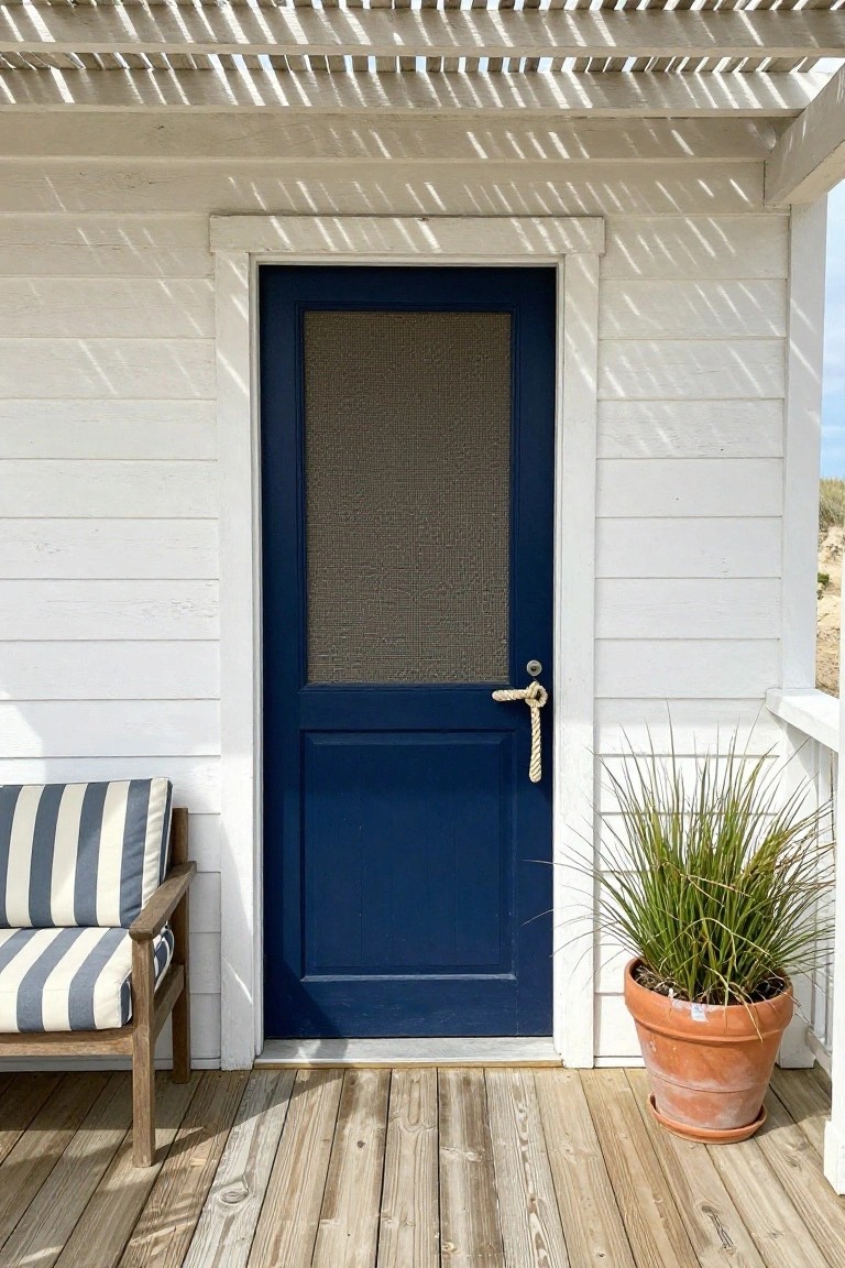 White clapboard cottage exterior featuring a navy blue screen door with rope handle, next to a wooden chair with striped cushion and a large terracotta pot of dune grass on a wooden deck porch under a pergola.