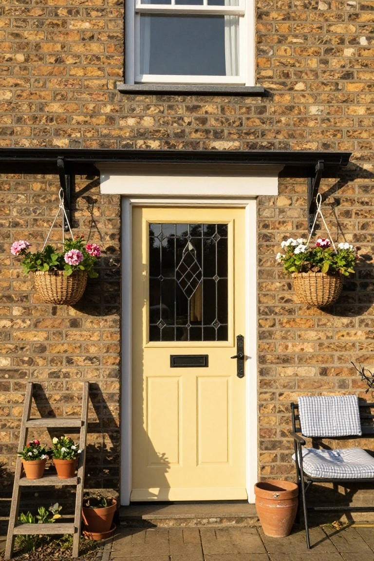 Light yellow front door with diamond-patterned leaded glass on a brick house exterior, flanked by two hanging wicker baskets of pink and white flowers, with a wooden ladder holding potted plants to the left, a cushioned metal bench to the right, and a large terracotta pot nearby.