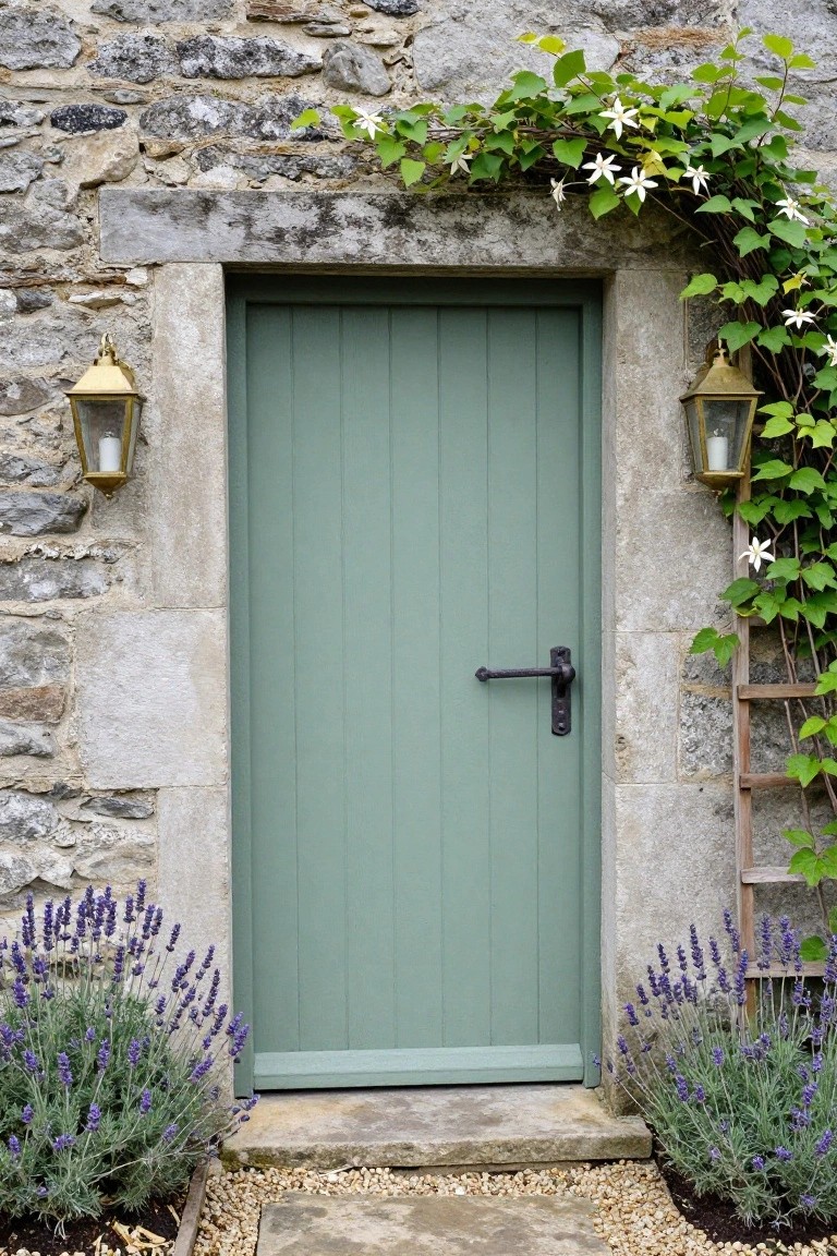 Stone cottage wall with arched green paneled wooden door, flanked by brass lanterns, climbing ivy with white flowers, lavender plants in beds, and gravel path.