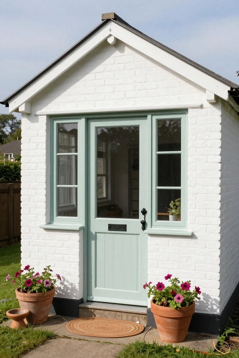 Small white brick garden shed with sage green paneled front door flanked by matching green-framed windows, terracotta pots of pink geraniums on either side, and a woven mat on the concrete path.