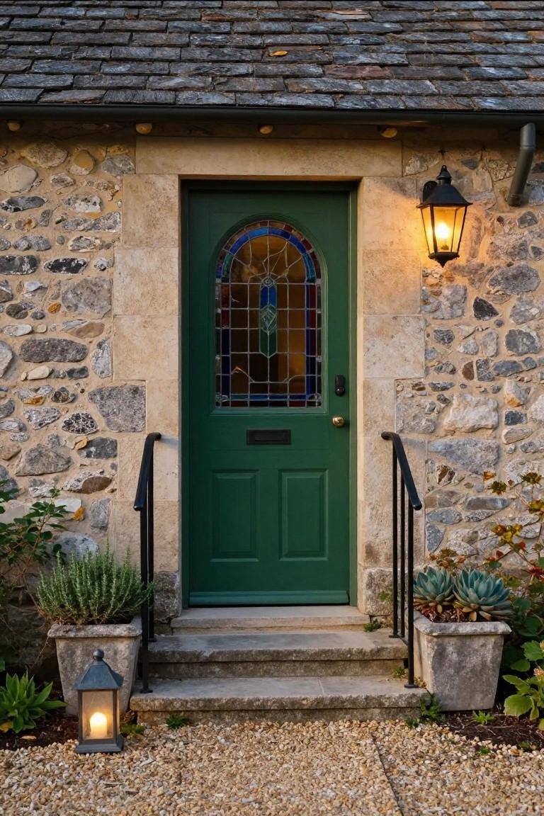Close-up of a green wooden cottage door with a multicolored stained glass window, set in a stone wall with black lantern lights, potted plants, and stone steps on a gravel path.