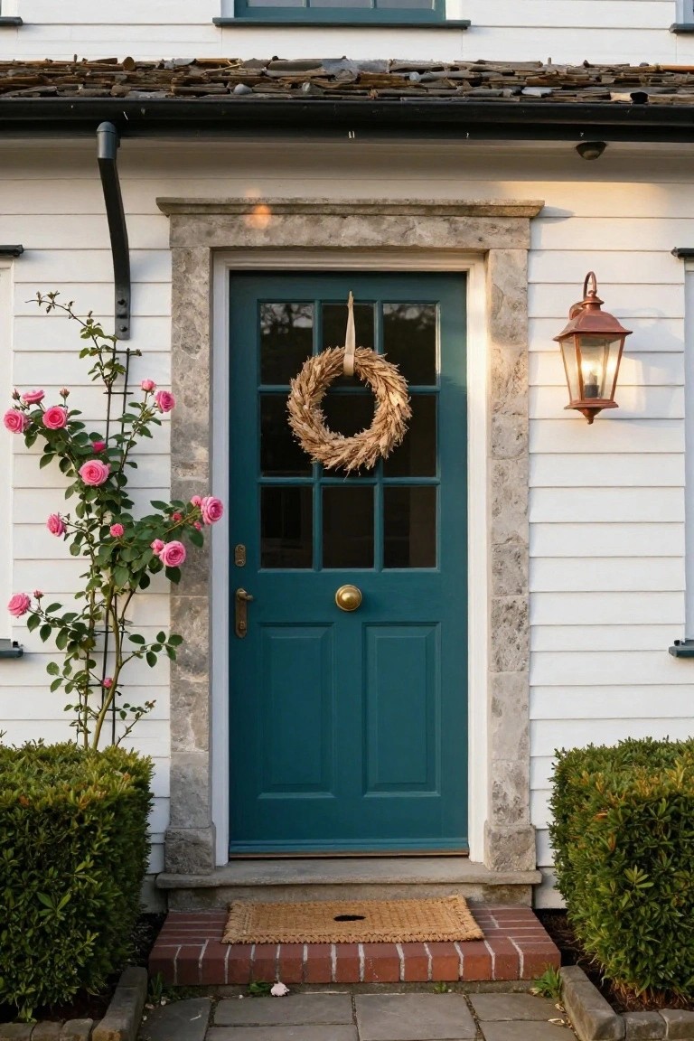 White clapboard cottage exterior featuring a dark teal nine-paneled front door with brass knocker and wheat wreath, stone archway surround, pink climbing roses on trellis, copper lantern light, boxwood shrubs, brick step, and woven doormat.