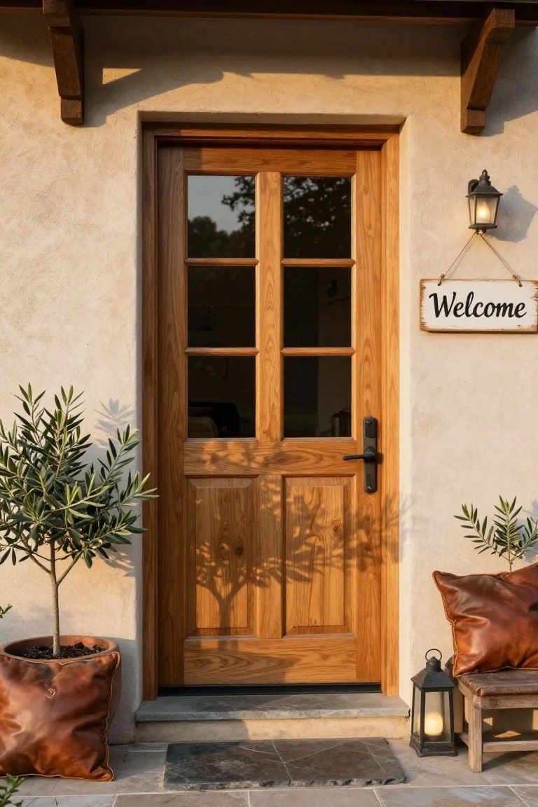 Rustic wooden front door with four upper glass panels set in a beige stucco wall, flanked by potted olive trees in leather containers, a hanging welcome sign, lanterns, and a wooden bench with cushions.