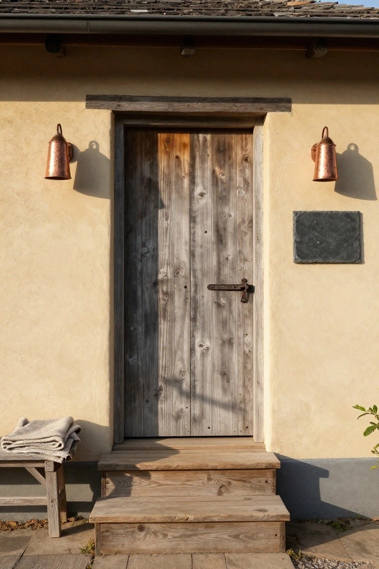 Beige stucco exterior wall with a tall weathered vertical-plank wooden door, black iron latch, two copper hanging lanterns, slate plaque to the right, three wooden steps, and a bench with folded gray blanket to the left.