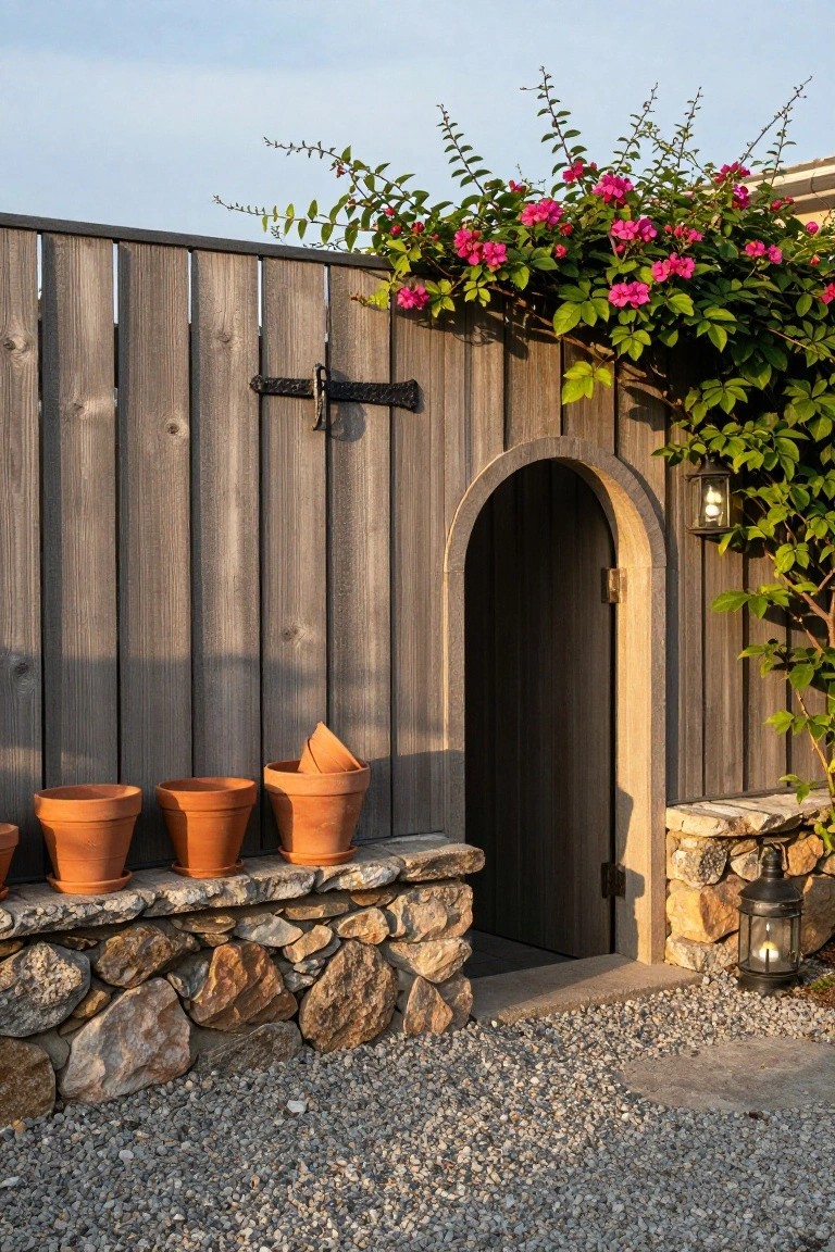 Gray wooden privacy fence with a dark arched doorway, pink flowering vines climbing over the top, terracotta pots on a stone bench base, lanterns nearby, and gravel ground.