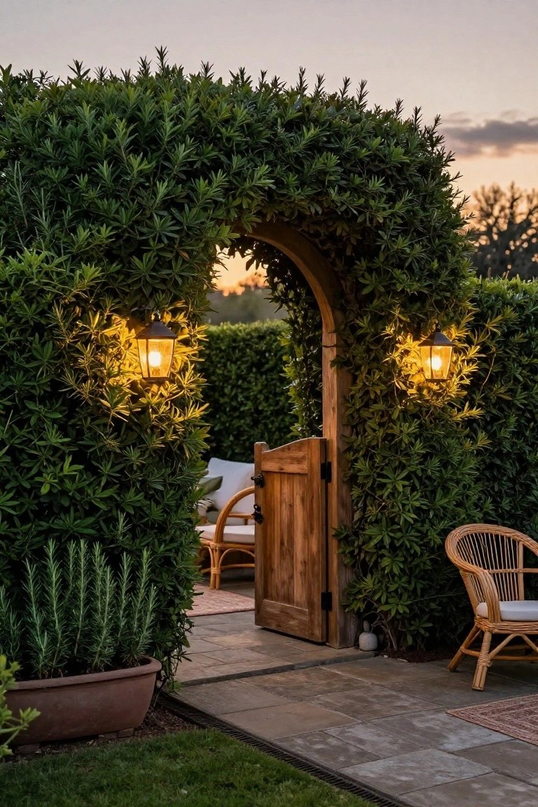 Wooden arched gate open within a dense green hedge archway flanked by lanterns, with wicker chairs, a potted rosemary plant, and stone path leading through at dusk.