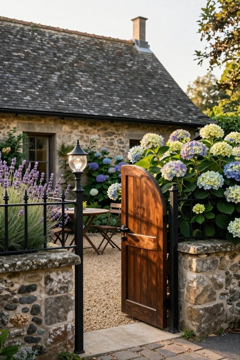 Open arched wooden gate in stone pillars with black iron fence, surrounded by blooming blue and white hydrangeas and lavender bushes, next to a stone cottage and gravel patio with table and chairs.