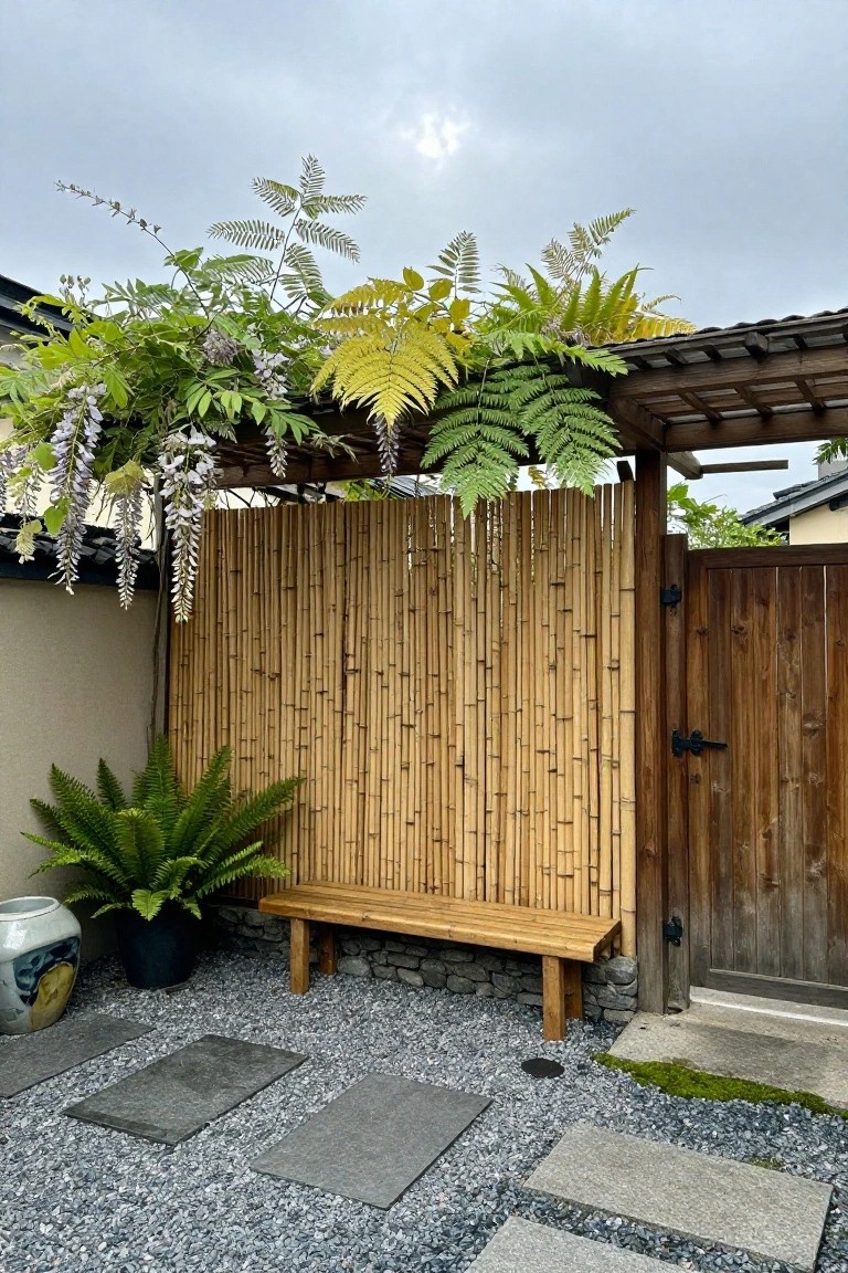 Small outdoor courtyard with tall bamboo screen fencing enclosing a wooden bench on gravel ground with gray stepping stones, potted fern plant, large blue and white vase, wooden gate, overhanging ferns and purple wisteria vines, and adjacent traditional roofed structure.