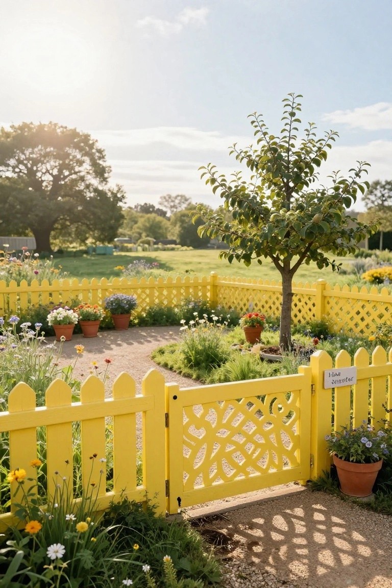 A bright yellow picket fence with an ornate lattice gate encloses a cottage garden filled with flowers, potted plants, a young tree, and a gravel path under a partly cloudy sky.