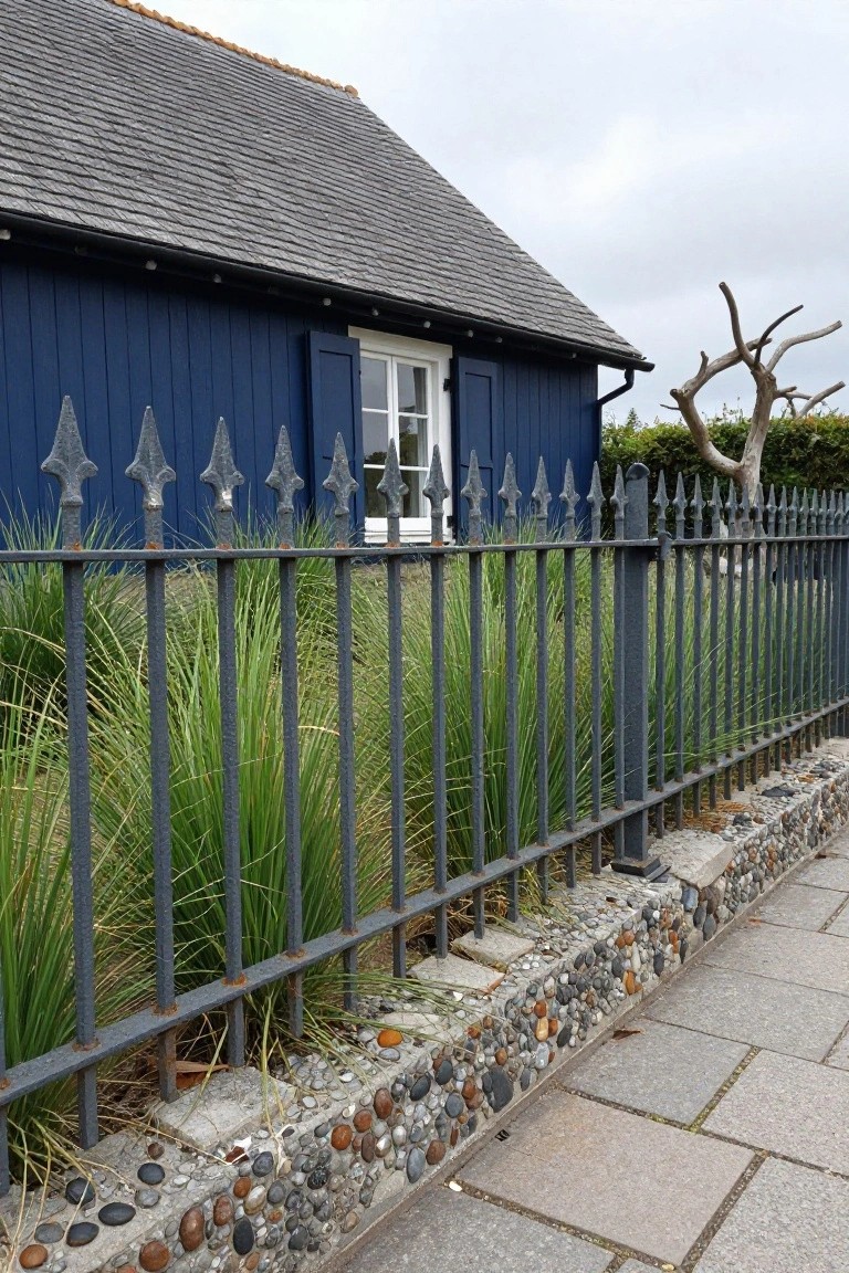 Navy blue wooden shed with shuttered white window behind a rusted black wrought iron fence with spear-shaped finials on top, tall grasses growing behind the fence, pebble stones along the base, and a gray paved path beside it.