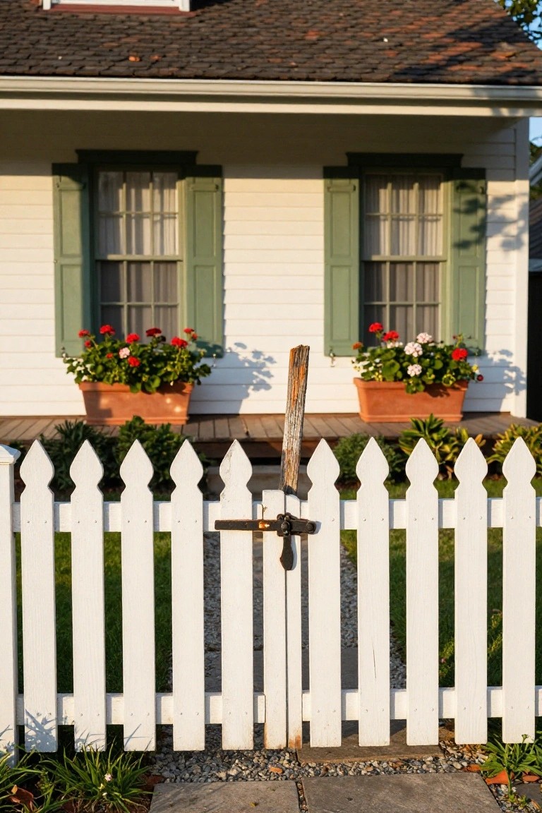 White picket fence gate with pointed tops and black latch in front of a cottage house featuring green shutters, curtained windows, and red geranium pots on sills.