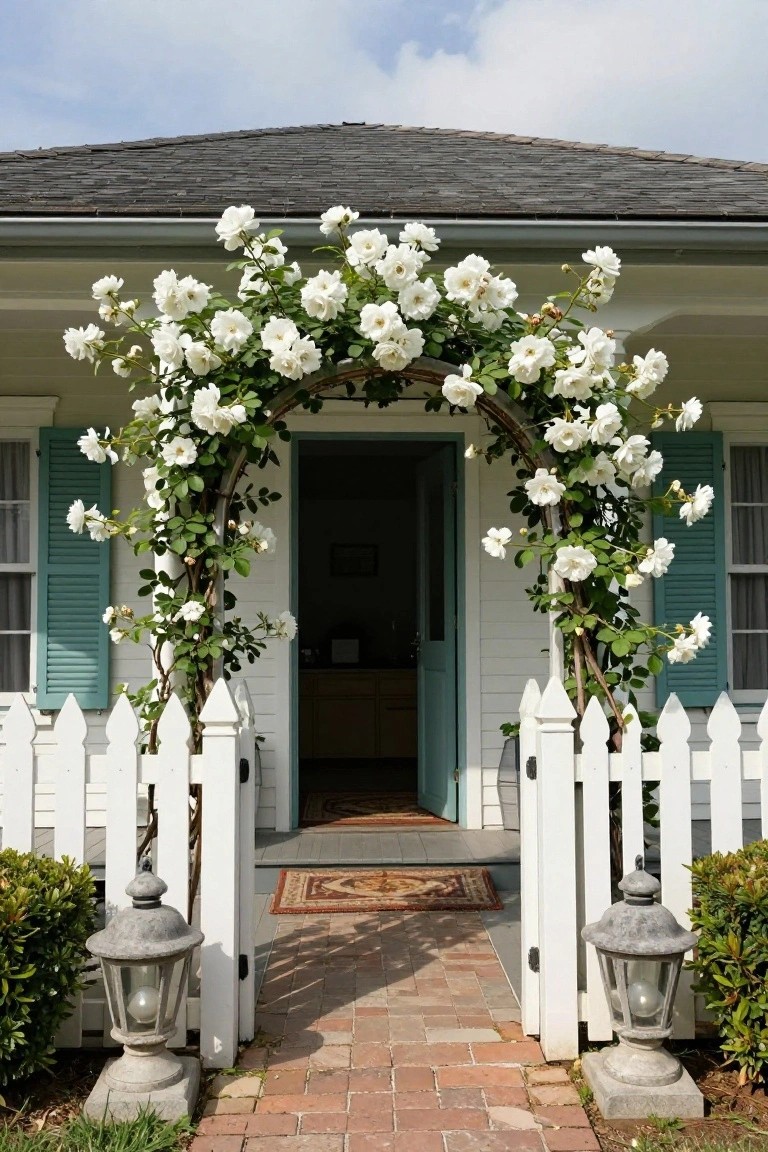 White clapboard cottage exterior with dark shingle roof, turquoise shutters and front door, white picket fence enclosing the entry, arched trellis covered in white climbing roses over a brick path, flanked by stone lanterns and boxwood shrubs.
