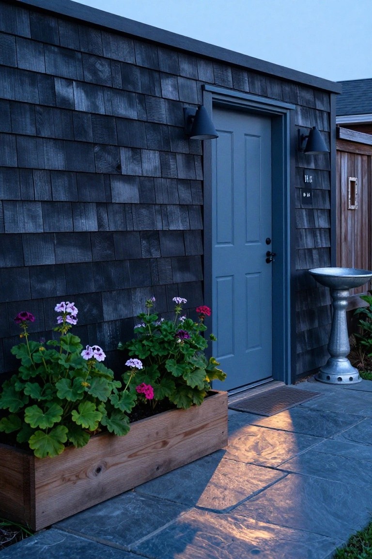 Dark gray shingled wall of a cottage with a light blue double door, black cone-shaped wall sconces, wooden planter box containing pink geraniums and green-leafed plants, metal birdbath on slate stone patio, and weathered wooden fence adjacent.