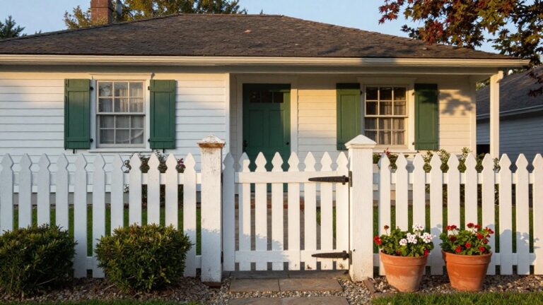 White picket fence gate with pointed tops and black latch in front of a cottage house featuring green shutters, curtained windows, and red geranium pots on sills.