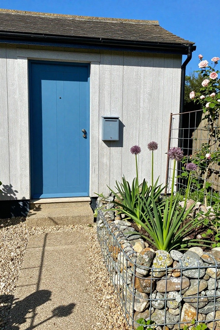 Small white wooden shed with blue door and gray mailbox next to gravel path and gabion wall filled with stones supporting agave plants and purple allium flowers.
