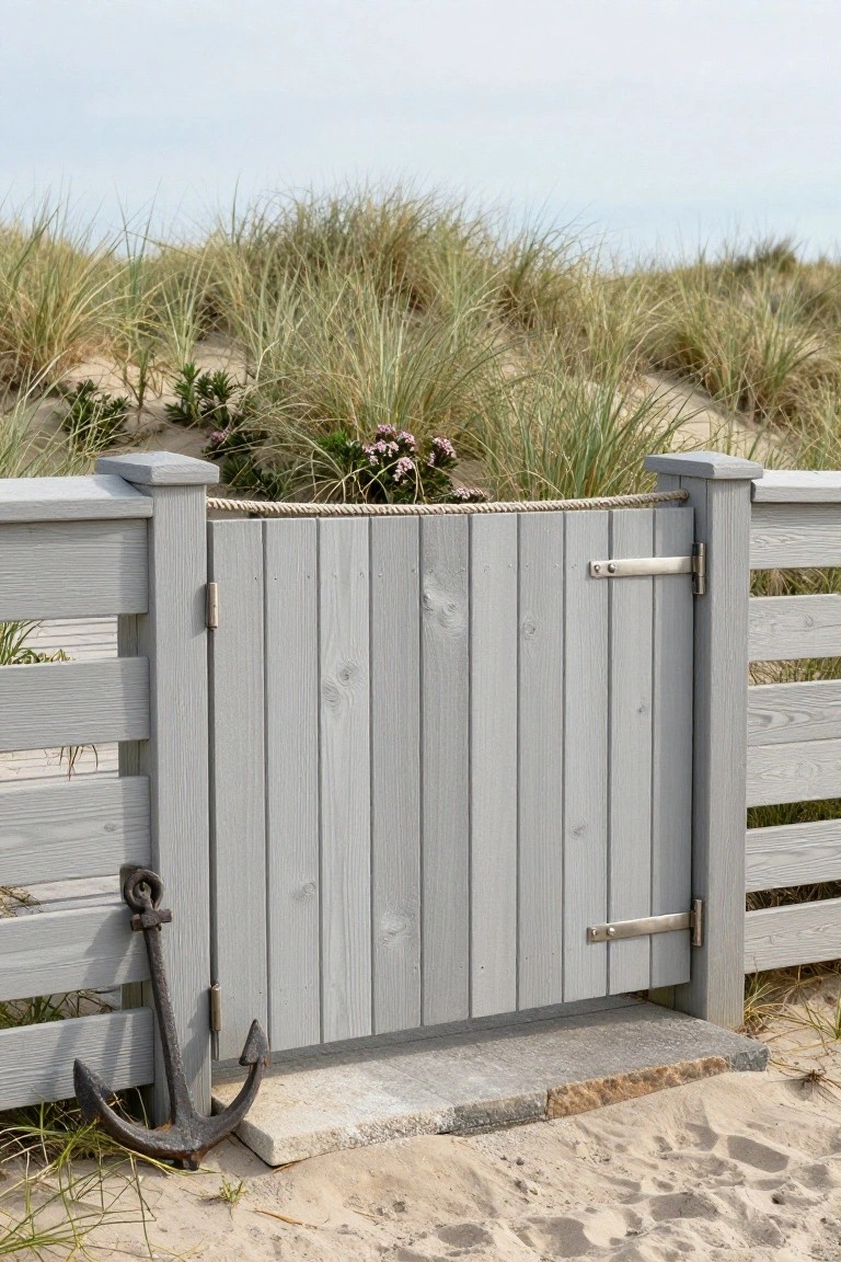 Gray wooden vertical slat fence and gate with rope looped around posts and a metal anchor leaning against the gate on a sandy path surrounded by dune grass.