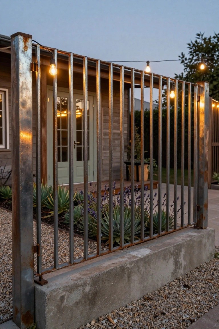 Rusted vertical bar steel fence and gate on concrete base enclosing a gravel patio next to a house with green French doors, string lights overhead, succulents, lavender plants, and agave.