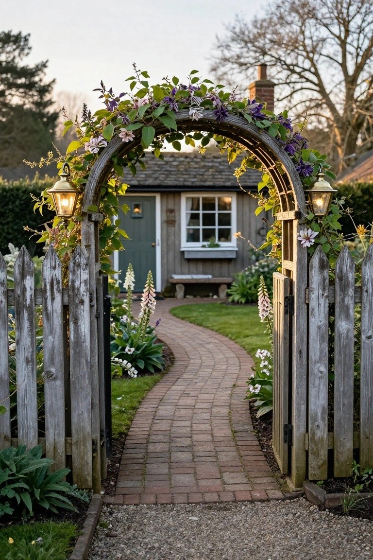 Weathered wooden picket fence forming an open arched gate covered in green leaves and purple clematis flowers, with brass lanterns on posts, a curved brick path leading past flowers and plants to a small shingled garden shed with green door and white-trimmed window.