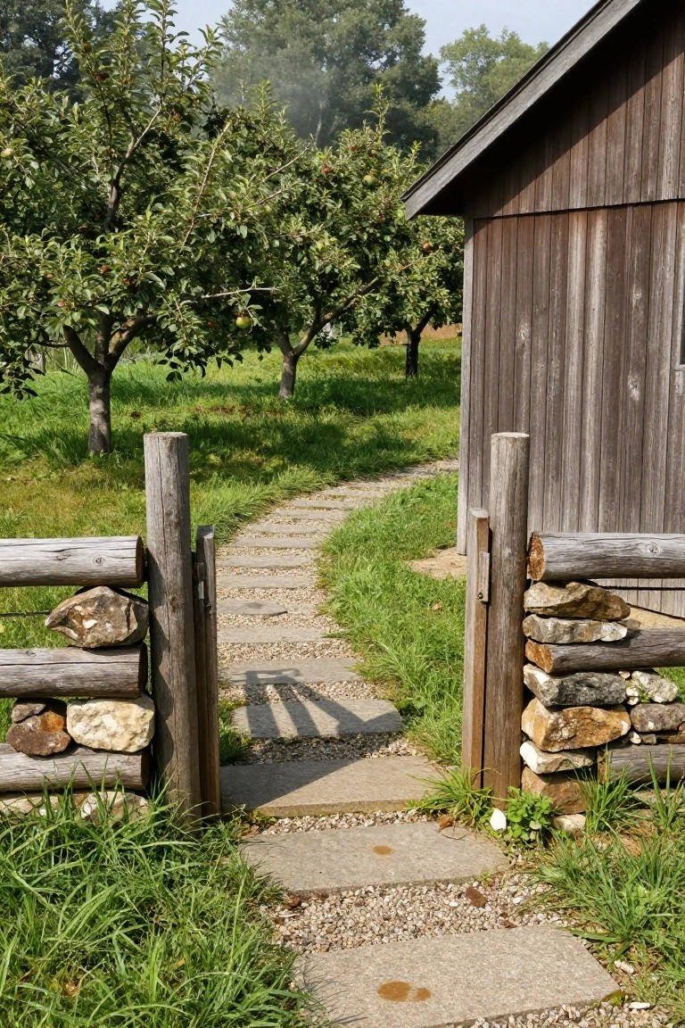 Rustic wooden gate made of log posts and rails with stacked stone bases frames a pebbled stone path leading past apple trees to a wooden shed.