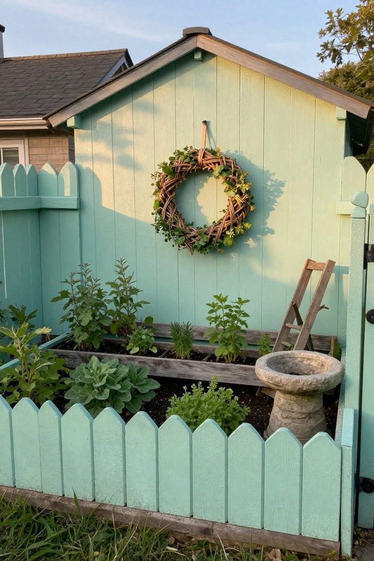 Pale green scalloped picket fence enclosing a wooden raised garden bed with herbs, vegetables, and plants, next to a matching mint green shed with an ivy wreath on the wall, stone birdbath, and leaning ladder.