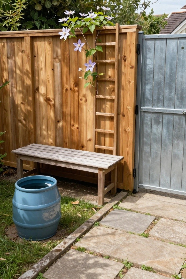 Wooden slatted privacy fence with attached ladder trellis supporting purple clematis vines, next to a blue-gray metal gate, a weathered wooden bench, and a large blue ceramic planter pot on stone pavers beside grass.