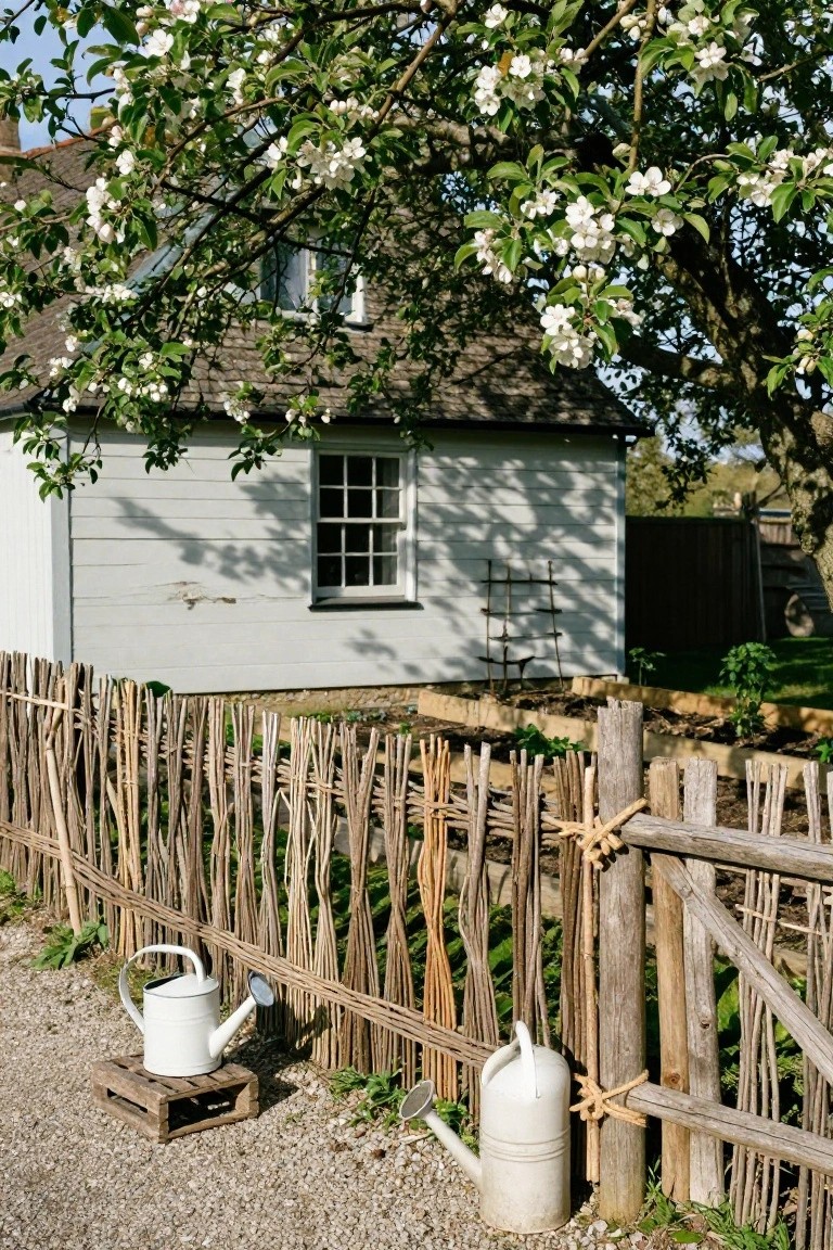 Gray clapboard shed with multipane window beside woven willow branch fence enclosing raised garden beds, two metal watering cans on gravel ground, blooming white crabapple tree overhead.