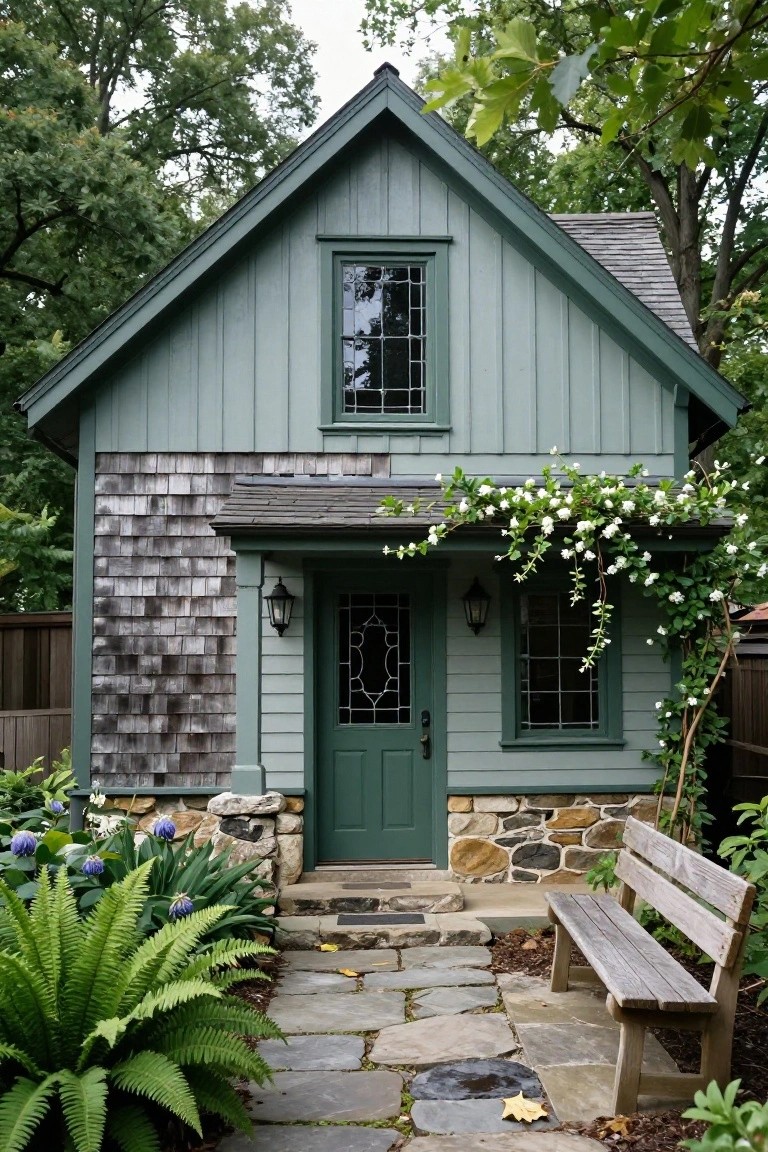 Small green cottage with vertical board-and-batten siding on main walls, cedar shingle siding on gable end, stone foundation, front door with lanterns, and garden path leading to bench.
