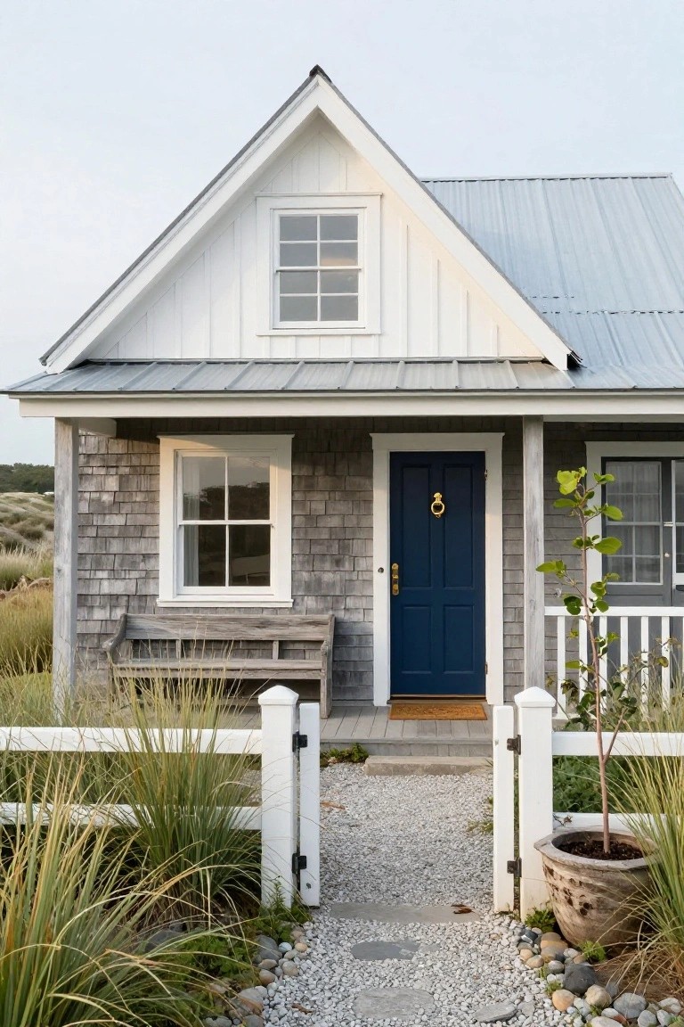 Small cottage with gray cedar shingle siding on sides, white board-and-batten on gables and porch, corrugated metal roof, navy front door with brass knocker, wooden bench, gravel path, white picket gate, and grasses in yard.