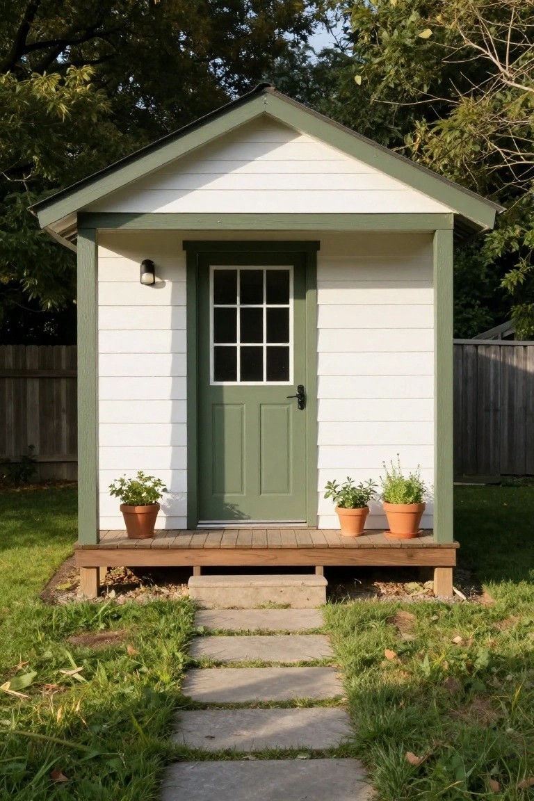 Small white clapboard-sided shed with green trim, pitched green roof, green door with nine-light window, exterior light, potted plants on wooden porch deck, stone path leading through grass to wooden fence backdrop.