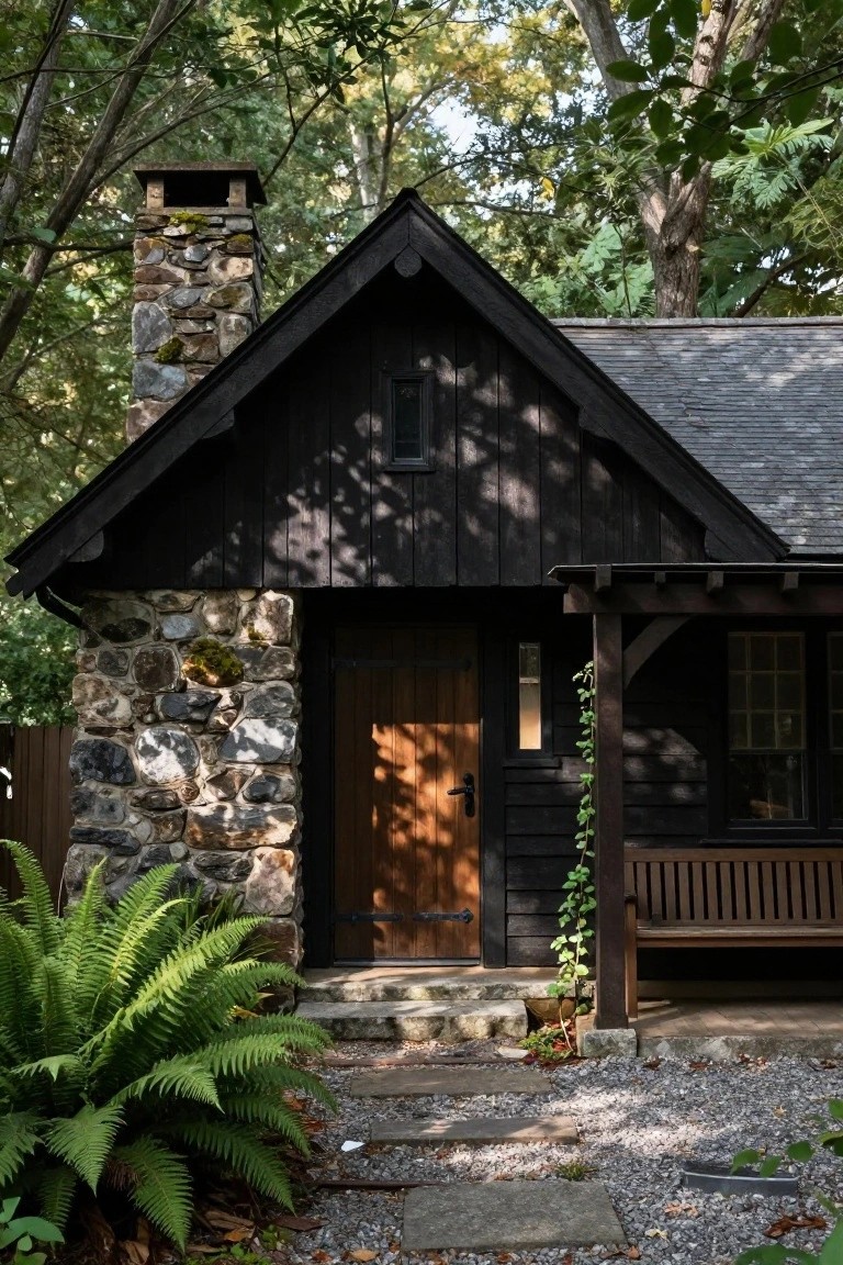 Black vertical wood siding on a small gabled cottage with stone foundation and chimney, wooden entry door, covered porch with bench, ferns, gravel path, and surrounding trees.