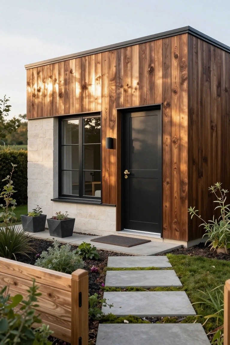 Compact modern cottage with dark vertical wood siding over light beige stone base, black front door and large window, concrete paver path, and low garden plantings.