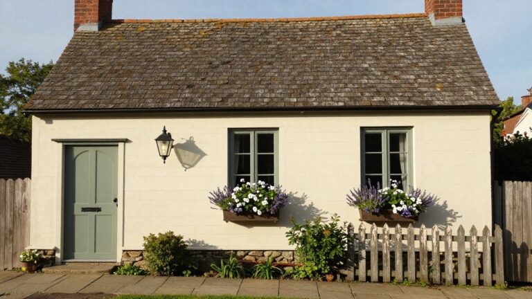 18 Cottage Exterior Siding Ideas That Improve Curb Appeal Small cottage exterior featuring cream clapboard siding on walls, cedar shingle roof and gables, green arched front door, matching green windows, flower boxes with white and purple blooms, lantern light, stone path, and white picket fence.