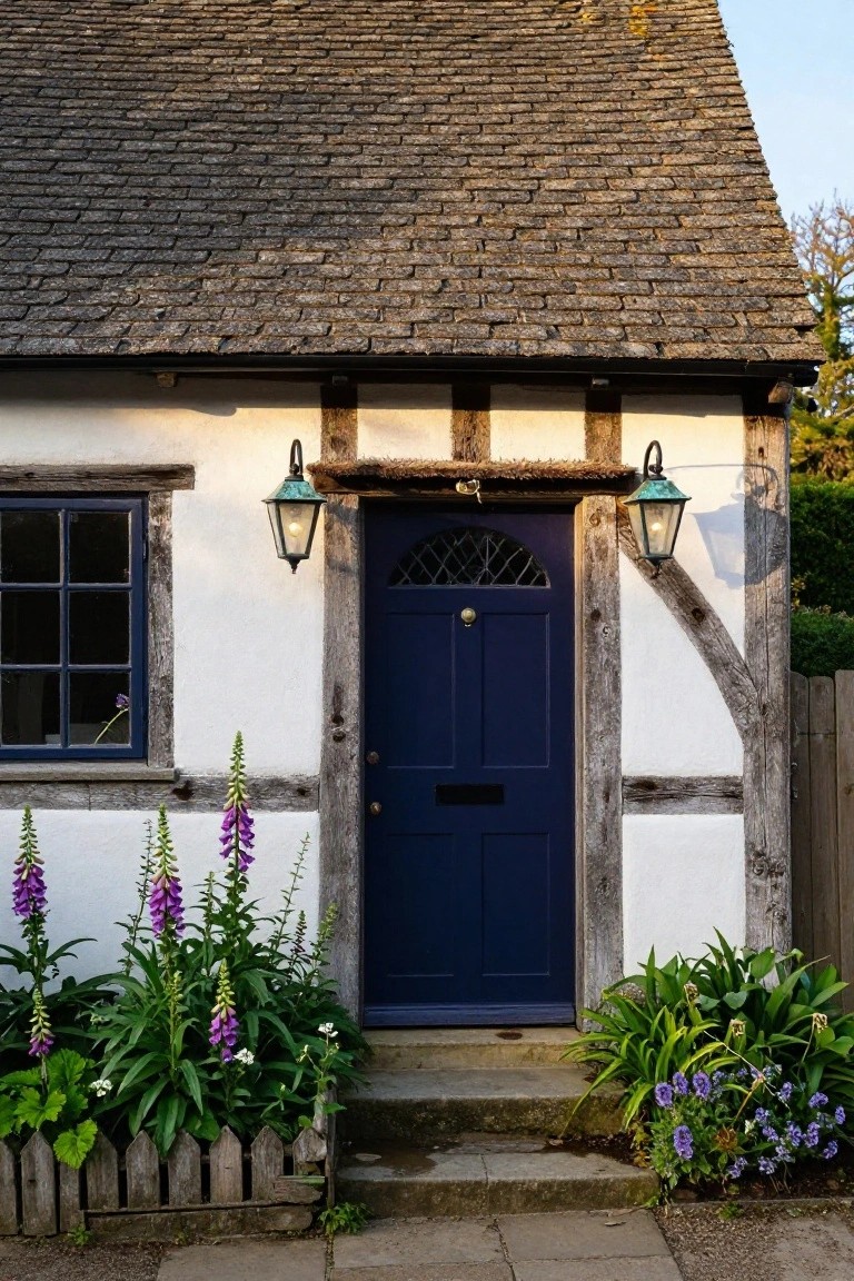 White half-timbered cottage exterior with dark wooden beams, navy blue front door, copper lanterns on either side, and purple foxglove plants in the front garden bed beside a picket fence.