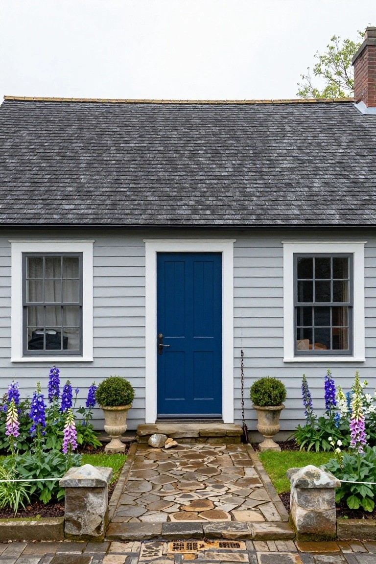 Gray clapboard cottage with white trim around multipane windows and a navy blue front door, flanked by purple lupine flowers in urns and boxwood topiaries, with a flagstone path leading to the entrance.