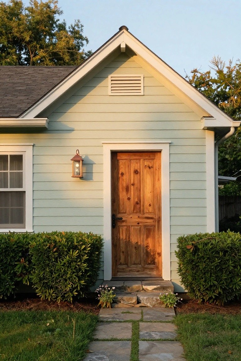 Light green horizontal siding on a small gabled cottage with white trim, wooden front door, lantern light, double-hung window, boxwood shrubs on both sides of the entry, stone step path, and grass lawn.