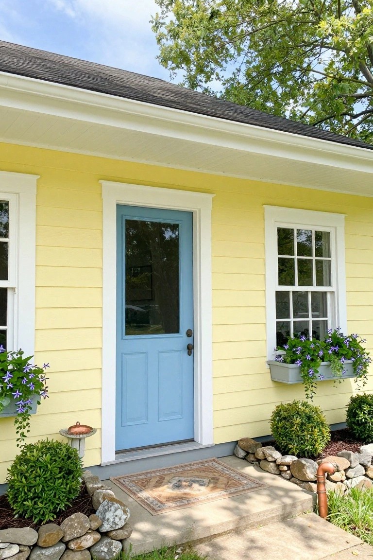 Small cottage with pale yellow clapboard siding, white trim, blue front door with glass panel, white-framed windows with blue flower boxes, boxwoods, rocks, and a welcome mat at the entry.