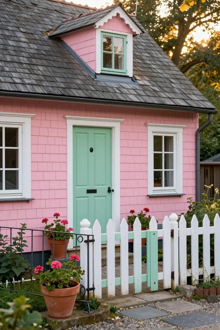 Small pink clapboard cottage with mint green front door, white trim, white picket fence, potted red geraniums, and stone garden path.