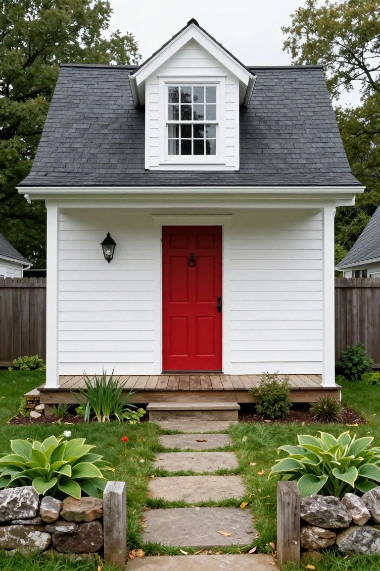 Small white clapboard cottage with gabled black roof and dormer window, red front door with black lantern light, wooden porch, stone pathway, hosta plants, and wooden fence in a garden setting.