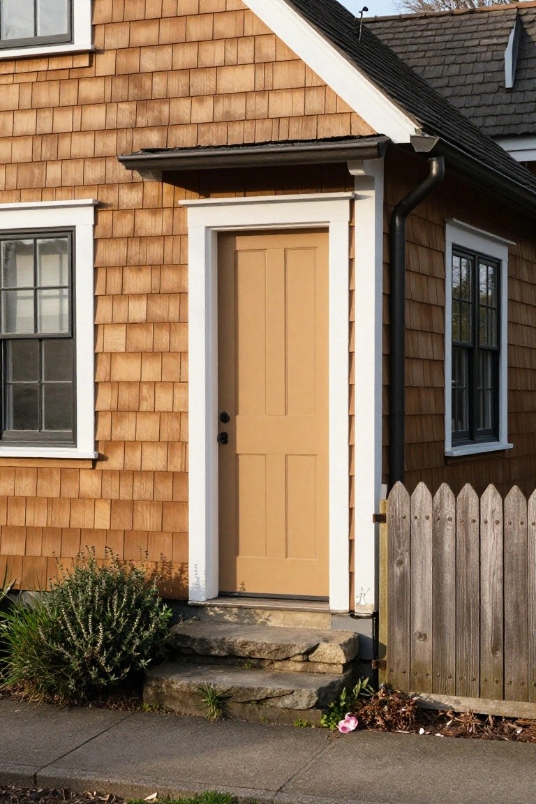 Cottage house exterior with horizontal tan shingle siding, white trim around a beige paneled front door, flanked by multi-pane windows, stone entry steps, shrubs, and a wooden picket fence next to a sidewalk.